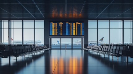 Airport Departure Gate Waiting Area with Flight Information and Aircraft