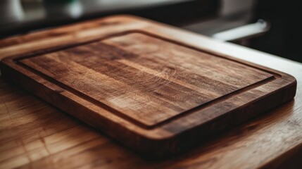 Wooden cutting board on kitchen counter, food prep