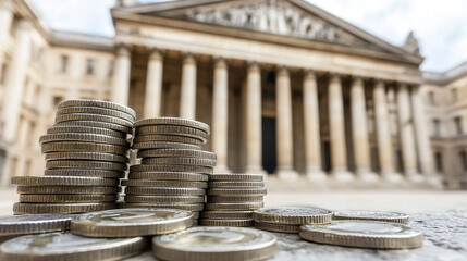 Stacked shiny reflective money coins in front of a blurred bank building symbolize modern banking services, savings, and investments, highlighting financial growth and security