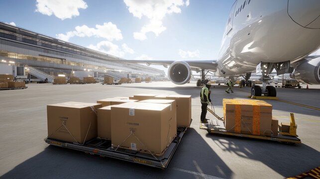 Cargo loading, airport, airplane, workers, logistics, sunny day, global trade