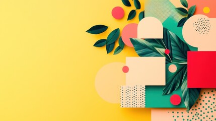 Tropical leaf collage, geometric shapes, yellow background, summer design, website banner