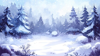 Fototapeta premium Snowy forest winter scene, snowfall, tranquil background, ideal for holiday cards