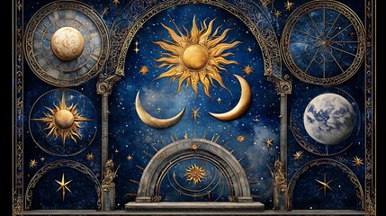 Celestial Archway Astrology, cosmos, night sky, gold, blue, mystical, ornate, backdrop, design, website