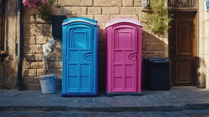 Two colorful portable toilets outside a stone building.