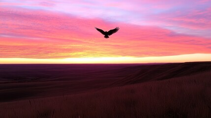 Fototapeta premium Bird flying at sunset over plains