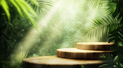 Tropical jungle wood display, sunlight, product showcase