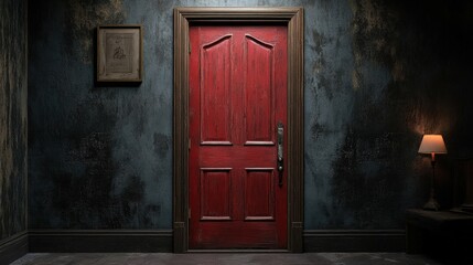 Red door in dark room with lamp and mysterious atmosphere high detail image