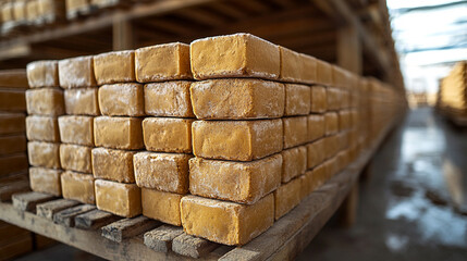 Stacks of clay bricks with earthy textures symbolize construction and stability, blending modern and raw elements, offering a bright, blurred background with space for empty captions or messages.

