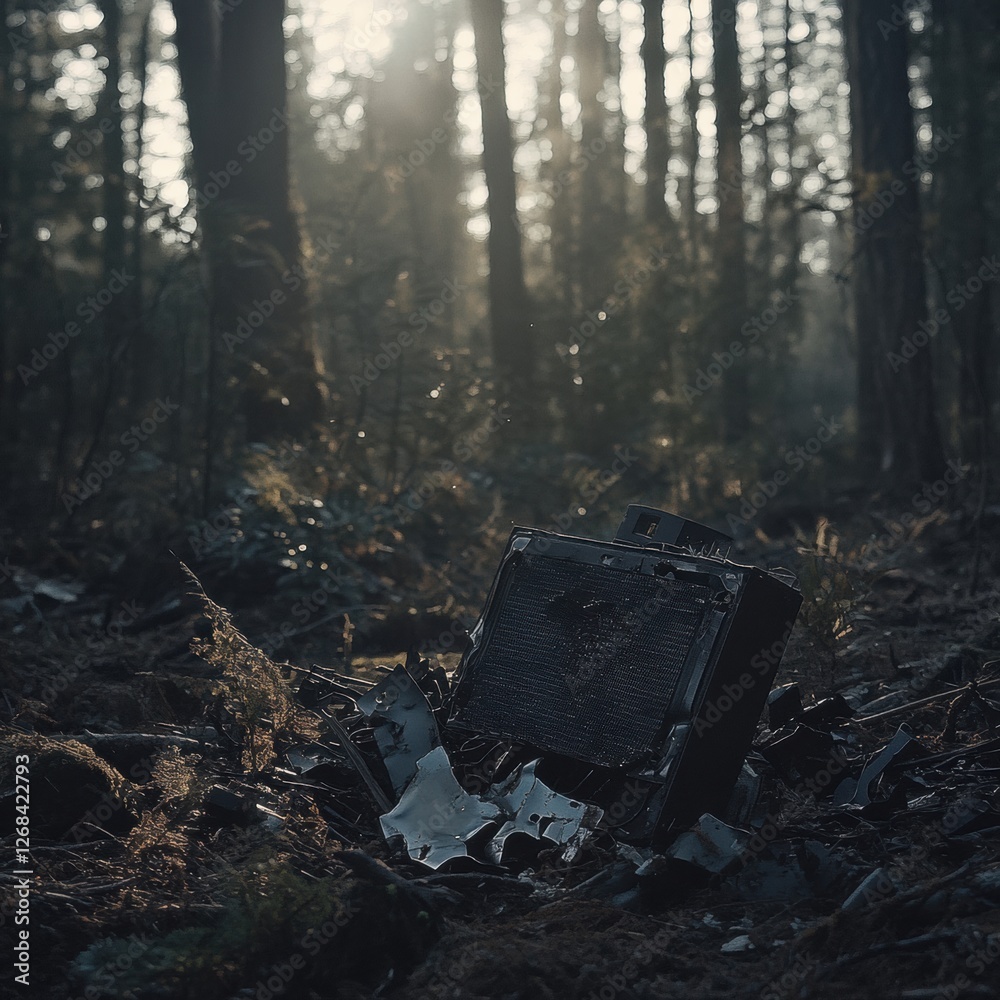 Aufkleber black box recorder found among debris in forest after airplane crash investigation in a remote area.