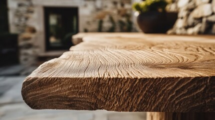 Rustic outdoor wooden table, stone patio background