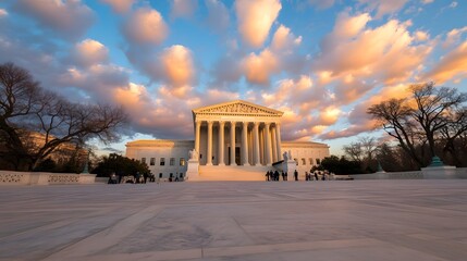 Obraz premium Supreme Court building at sunset, glowing golden light reflecting on marble facade, Generative AI