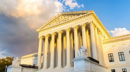 Fototapeta premium Supreme Court building at sunset, glowing golden light reflecting on marble facade, Generative AI