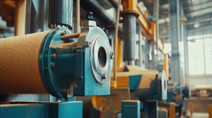 Fototapeta premium Industrial wood processing plant, machinery close-up, sawdust, factory interior