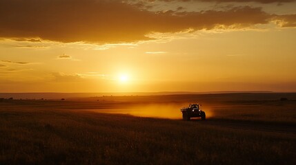 Fototapeta premium Tractor driving across a field at sunset.