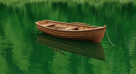 Wooden boat floating on calm green water surrounded by lush trees