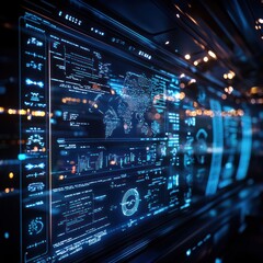 Obraz premium Global data visualization screen; futuristic control room background; monitoring world network