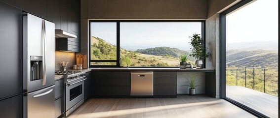 Fototapeta premium Modern Mountain View Kitchen Design: Breathtaking Scenery