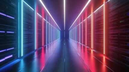 Fototapeta premium Neon-lit server room corridor; data center, glowing lights, futuristic technology, background, website banner