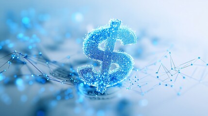 Fototapeta premium Abstract glowing blue dollar sign, digital finance concept.