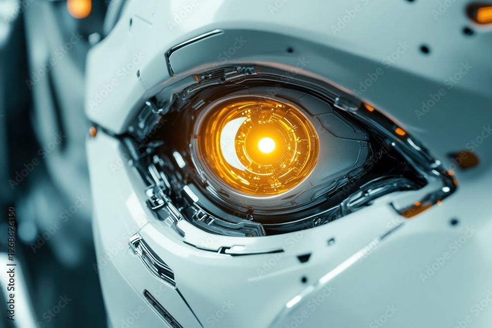Poster Close up view of a robotic eye glowing softly within intricate futuristic circuitry. Generative AI