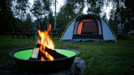 A cozy campsite with a tent and a warm campfire in a natural setting.
