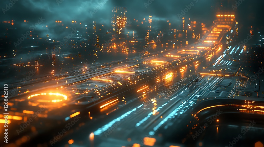 Poster a vibrant futuristic electronic circuit board design with illumination effects.