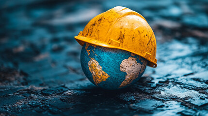 A globe symbolizing Earth with a construction helmet placed on top, representing safety and health in the workplace for World Day of Safety and Health at Work, emphasizing global awareness.

