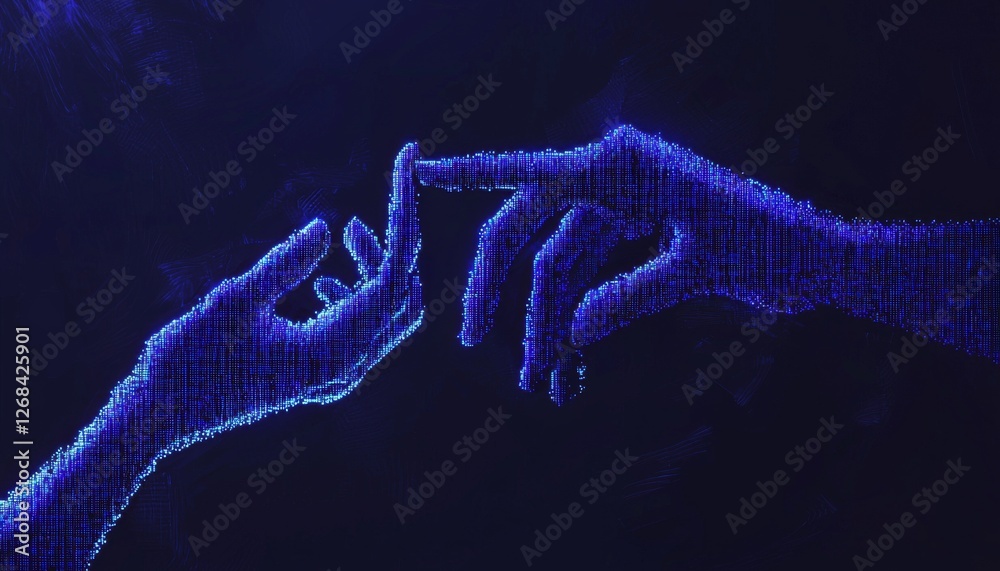 Poster hands touching in digital art concept capturing connection and technology in a futuristic style