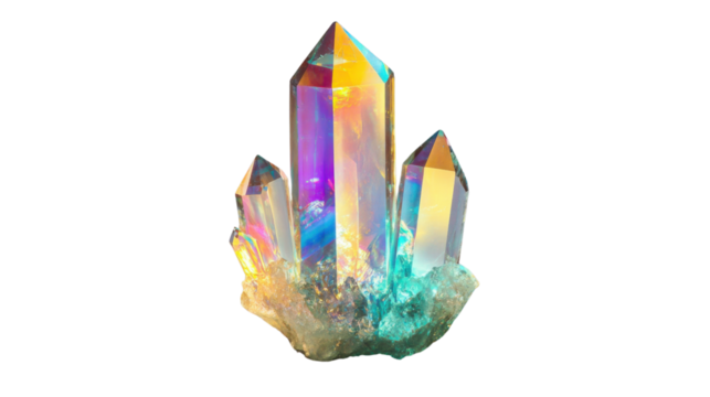 Iridescent colorful crystal cluster with a transparent background