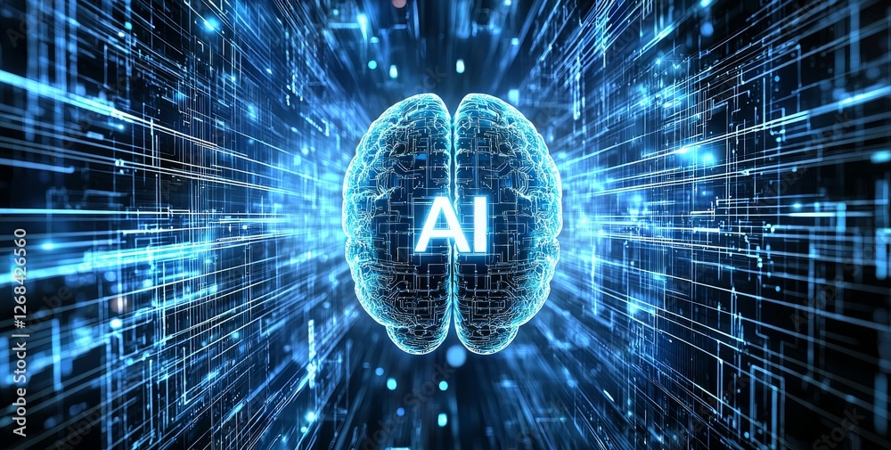 Poster futuristic digital brain concept representing artificial intelligence with technology background and