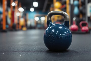 Fototapeta premium Dark Blue Kettlebell on Gym Floor Fitness Workout Equipment Weight Training