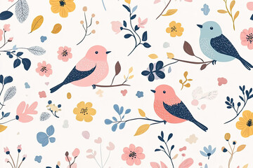 Fototapeta premium A whimsical pattern featuring colorful birds and flowers, ideal for fabric or wallpaper design.