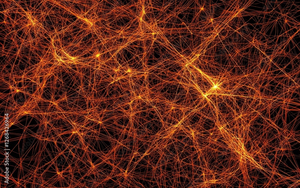 Poster abstract network visualization with bright orange lines on a dark background representing connectivi