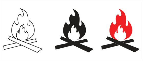 Flame icon. Fire icon collection.  Fire flame symbol. Flame icons set. set of fire vector icons. Campfire, Bonfire, Flame Sign, Front View. Vector Illustration. Fire symbol set. 