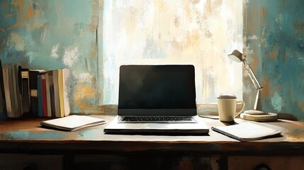Fototapeta premium A cozy workspace featuring a laptop, books, and a coffee cup.