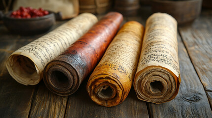 Three rolled-up ancient Hebrew scrolls on old parchment paper, symbolizing historical knowledge, wisdom, and sacred texts, blending the ancient with the modern in a timeless representation.

