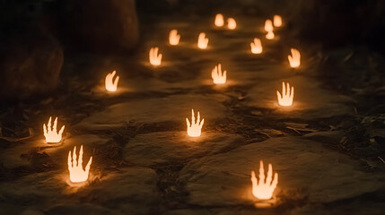 Mystical Glowing Hand Path Markers on Stone Ground at Night for Atmospheric Spooky Walkway