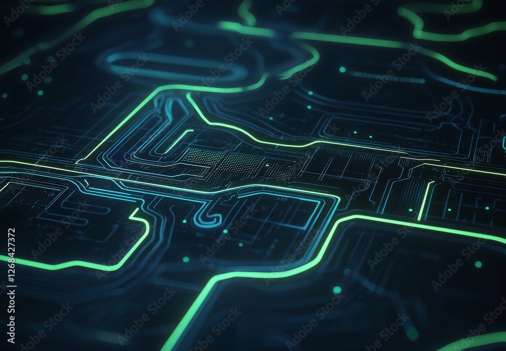 Poster futuristic circuit board design with neon glow and abstract technology patterns for digital backgrou