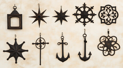 Nautical Collection of Ten Black Iron Hanging Ornaments on a Textured Beige Wall Decorative Art
