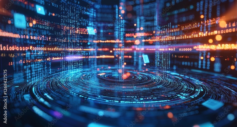 Poster abstract data visualization in neon colors with circles and light patterns for technology concepts