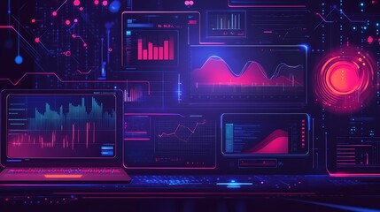 Neon displays show vibrant data graphs and charts