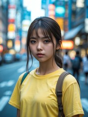 Attractive young japanese girl in yellow t-shirt portrait on busy city street background, facing front and looking serious