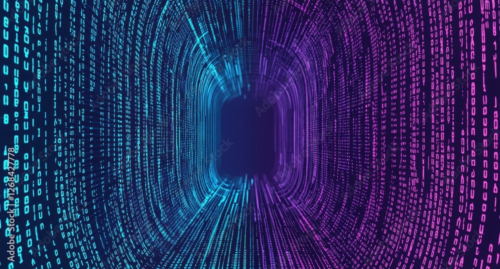 Poster futuristic data tunnel with colorful binary code flowing through a dark space in vibrant shades of b