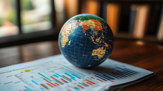 A globe resting on a financial report with charts and data.