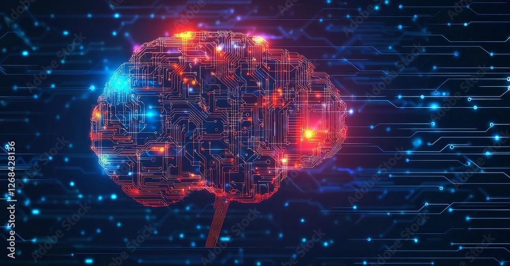 Poster futuristic brain with circuit patterns and colorful led lights in a digital network environment
