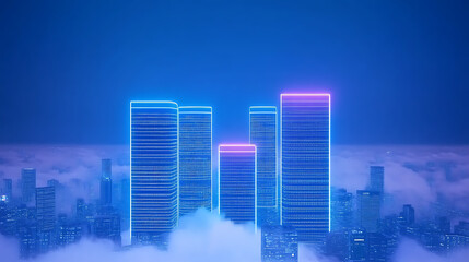 Neon Outlined Cityscape Towering Above the Clouds in a Futuristic Urban Landscape Image