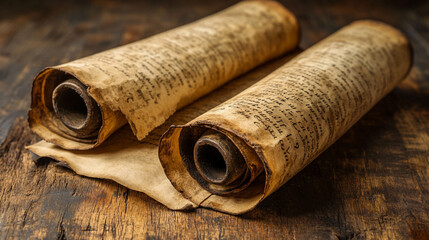 Three rolled-up ancient Hebrew scrolls on old parchment paper, symbolizing historical knowledge, wisdom, and sacred texts, blending the ancient with the modern in a timeless representation.

