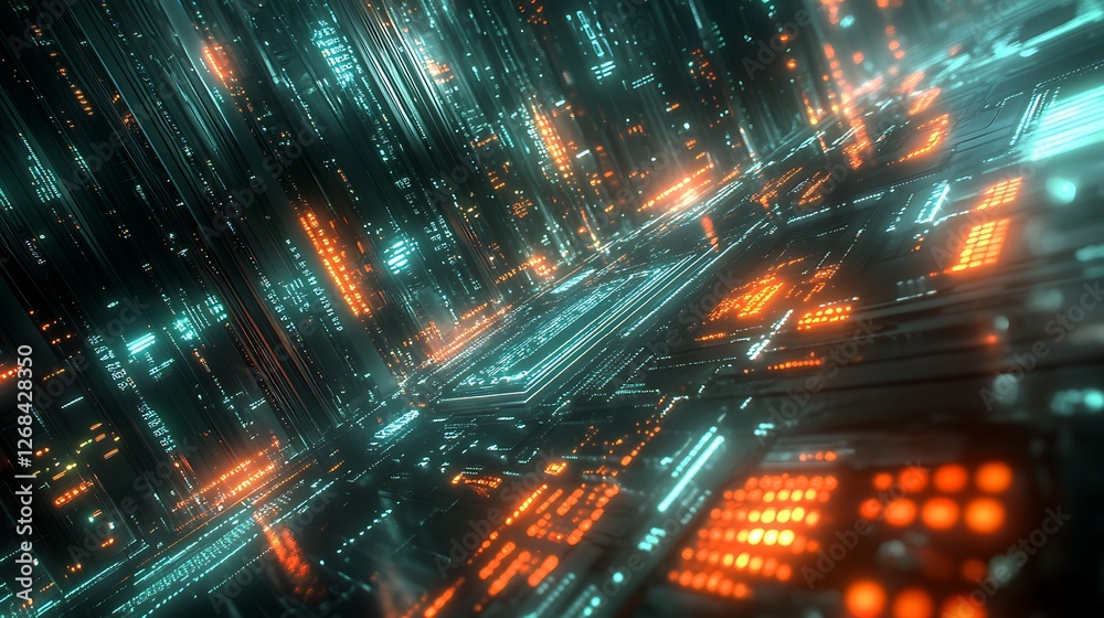 Poster A futuristic data processing center featuring rows of advanced technology and sleek design.