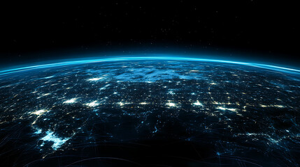 Obraz premium Network Nodes and Communication Lines Across the Globe at Night Illuminating Connectivity