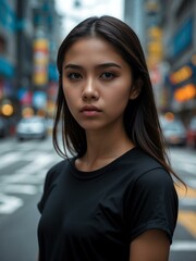 Obraz premium Attractive young filipino girl in black t-shirt portrait on busy city street background, facing front and looking serious